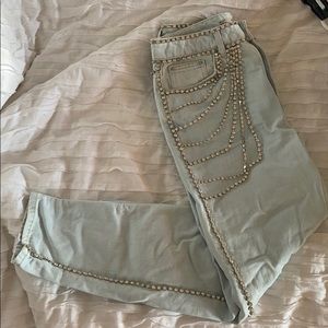 Denim with rhinestone chains